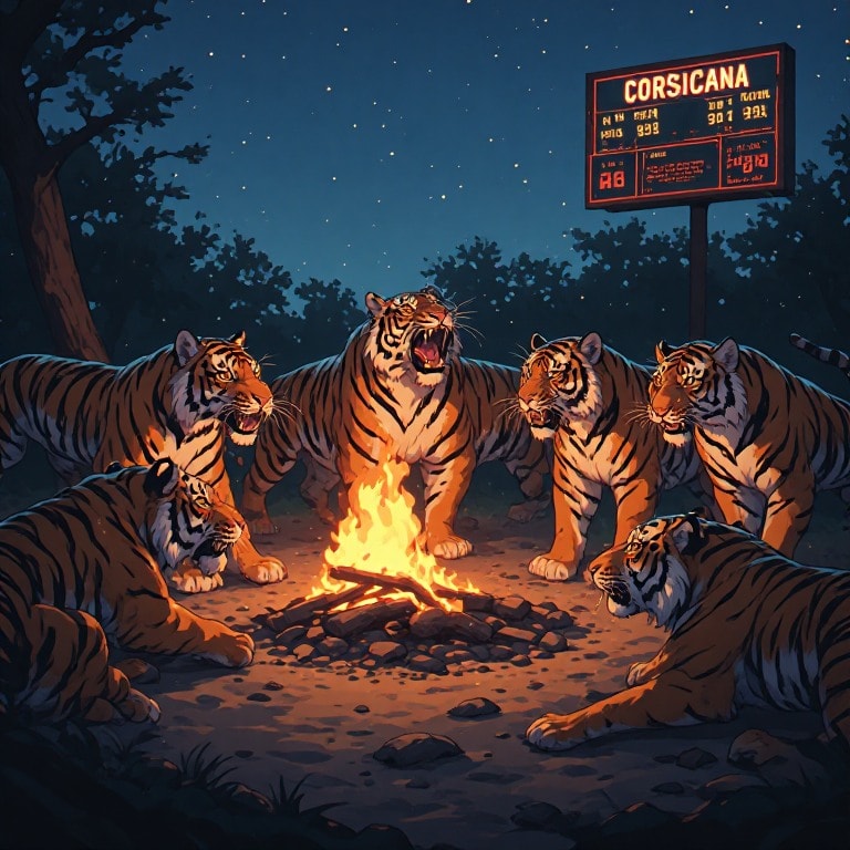 Corsicana Tigers around a campfire